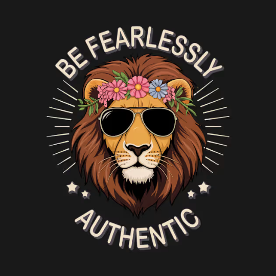 T-shirt featuring a confident lion illustration wearing stylish sunglasses and a vibrant flower crown, with the empowering message "Be Fearlessly Authentic." The design radiates confidence and self-expression, encouraging wearers to embrace their true selves. Made from soft, premium fabric, this shirt is both comfortable and inspirational, ideal for those who want to make a bold statement about authenticity and self-love.