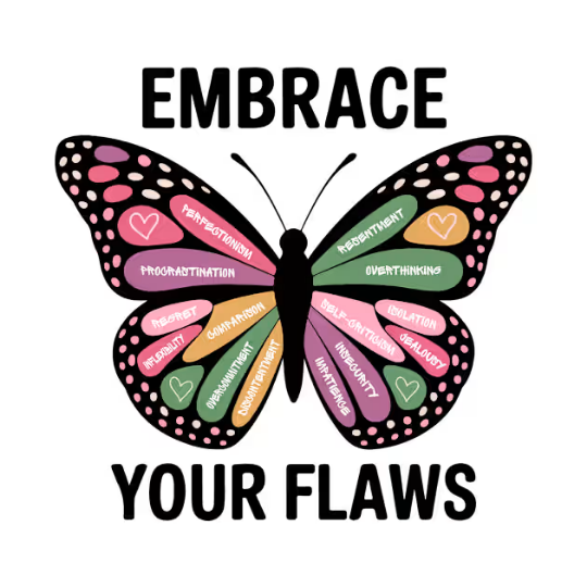 Trippy Outfitters - "Embrace Your Flaws" T-shirt with a colorful butterfly made of patchwork, symbolizing the beauty in imperfections.