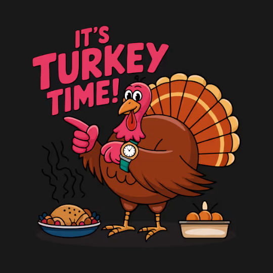 A humorous "It’s Turkey Time!" t-shirt featuring a plump turkey confidently pointing to its watch, signaling that dinner is about to be served. The playful text adds to the festive vibe, making it a fun and bold addition to any Thanksgiving wardrobe. Perfect for foodies and turkey lovers excited for the holiday feast.