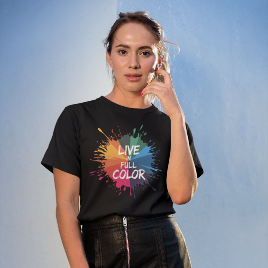 "Live in Full Color" Tee by Trippy Outfitters. A vibrant design featuring an abstract splash of paint in lively colors, celebrating creativity and living boldly. Perfect for those who see the world in every shade.