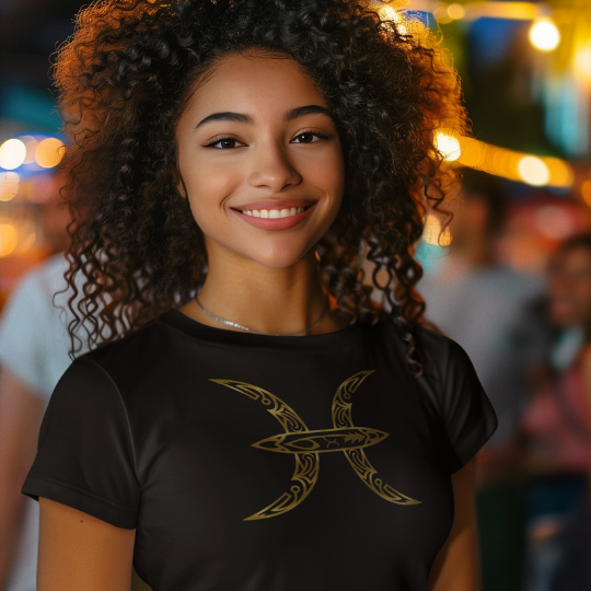 A Pisces zodiac symbol t-shirt from Trippy Outfitters, featuring an enchanting tribal design. The graphic flows with graceful lines and fluid shapes, capturing the essence of the fish, symbolizing intuition, compassion, and creativity. Crafted from soft, breathable fabric, this tee offers comfort with artistic flair, perfect for expressing Pisces pride and inspiring others with your boundless imagination.