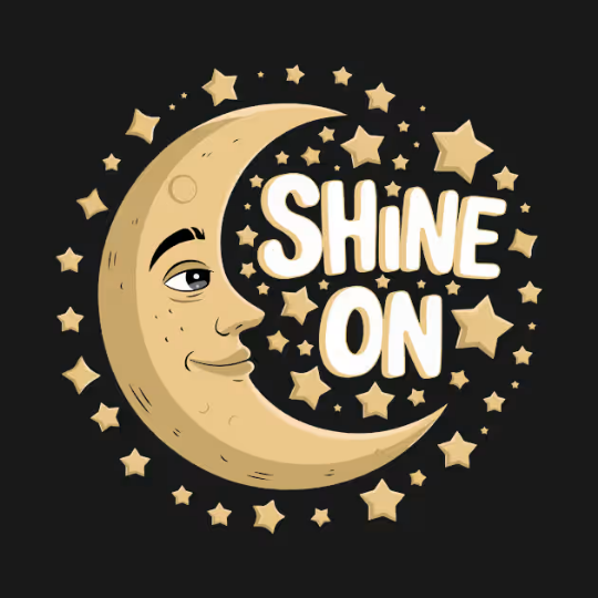 "Shine On" Tee – Embrace your inner light with this charming tee! Featuring a smiling, sparkling moon surrounded by twinkling stars, this design is all about spreading positivity and encouragement. Perfect for anyone who shines bright, day or night. Keep glowing! 🌙✨