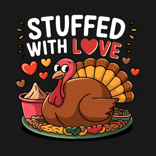 "Stuffed with Love" Thanksgiving T-Shirt featuring a cheerful, smiling turkey surrounded by floating hearts, classic side dishes, and a creative mashed potato lettering of the word “LOVE” topped with a gravy drizzle. Cozy and playful design celebrating Thanksgiving, family, and delicious comfort food, perfect for adding some holiday cheer to your wardrobe.