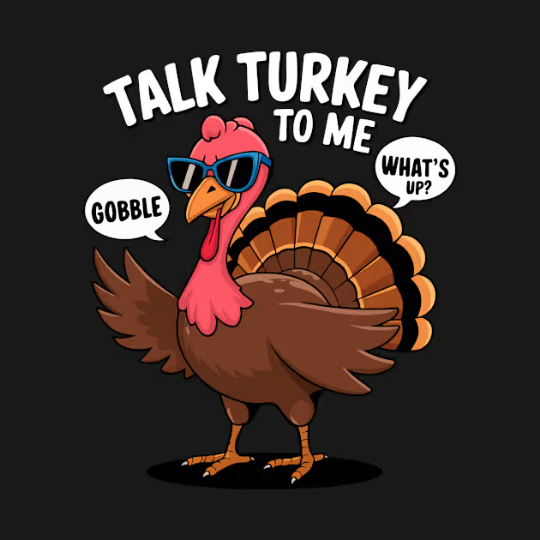 A fun and bold "Talk Turkey to Me" t-shirt featuring a cool, sassy turkey wearing sunglasses and giving a confident head nod. The turkey has speech bubbles around it with phrases like "gobble" and "what's up?" showing off its attitude. This playful design is perfect for adding humor and swagger to your Thanksgiving look or any casual day.