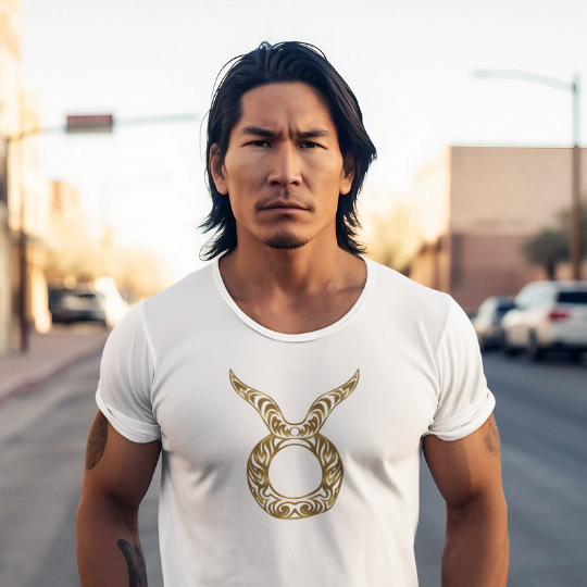 Zodiacs A Taurus zodiac symbol t-shirt from Trippy Outfitters, featuring a stunning tribal design. The graphic showcases flowing lines and powerful curves, capturing the essence of the steadfast bull, symbolizing strength, determination, and a love for life’s pleasures. Made from soft, breathable fabric, this tee combines comfort and style, perfect for expressing Taurus pride and letting your bold personality shine.
